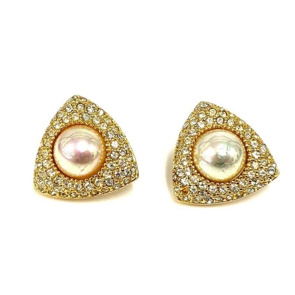 Vintage Christian Dior Pearl Clip On Earrings Rhinestone Gold Tone Triangle - Picture 1 of 12